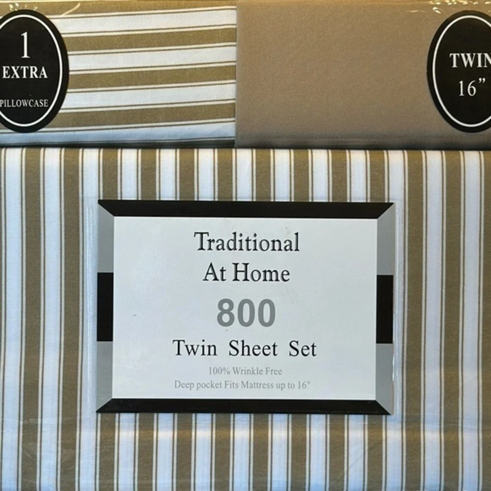Traditional At Home 4 pc Twin Sheet Set Taupe and white stripes.